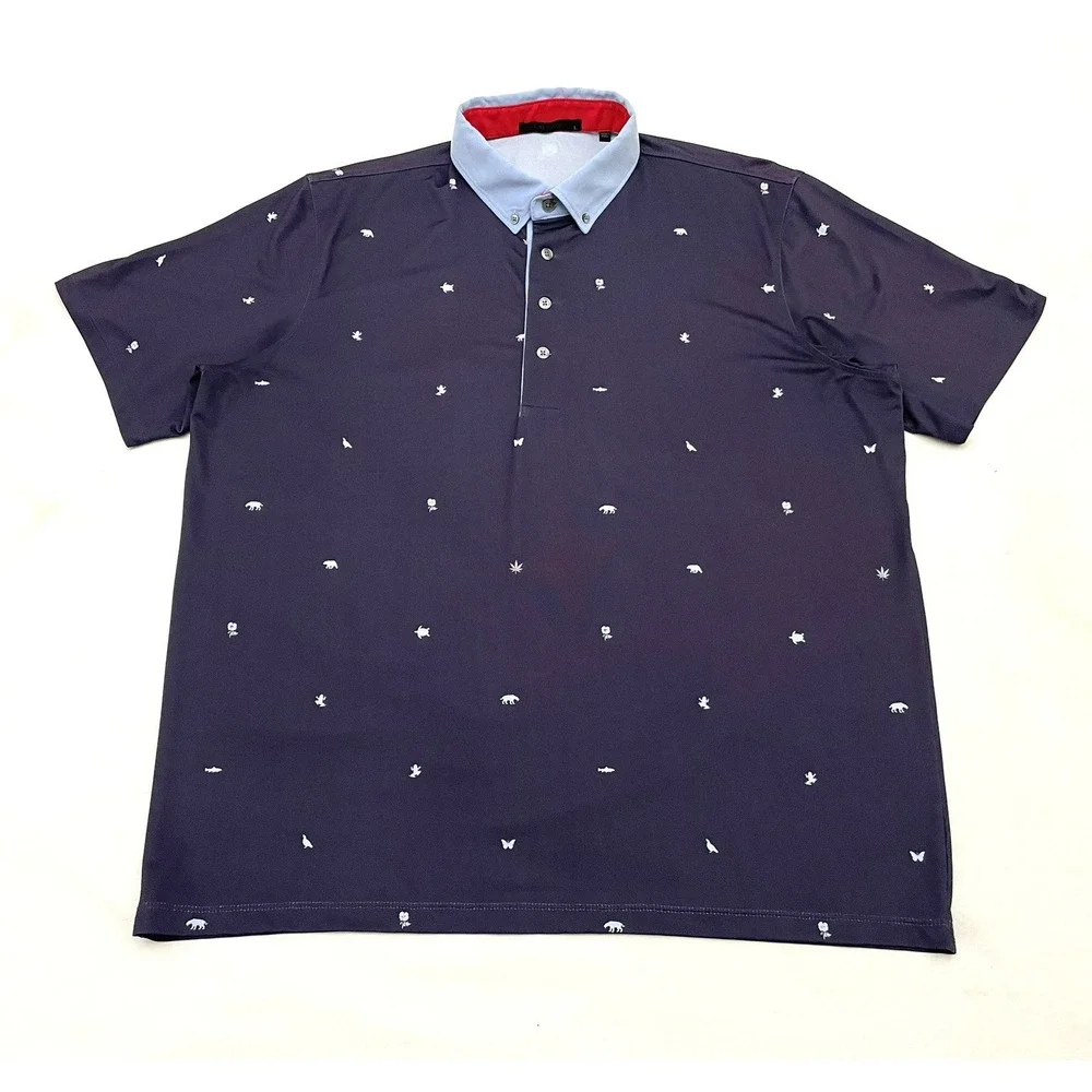 Greyson Performance Polo Shirt L Navy Blue Nature Pattern Stretch Wicking Golf
